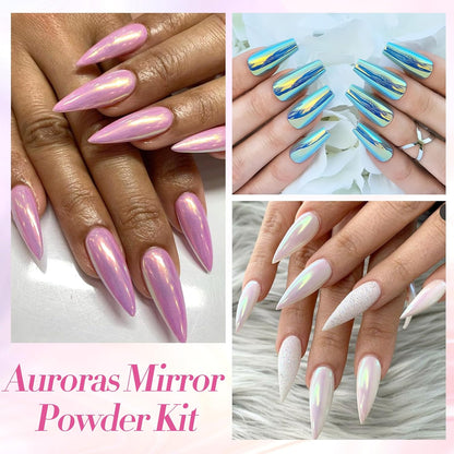 Born Pretty Chrome Nail Powder Metallic Mirror Effect Pigment Iridescent Mermaid Pearl Auroras Nail Powder Glitter Dust Kit for Gel Polish Nail Art Decoration