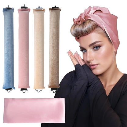 Heatless Curls Overnight Hair Curler - 4 Pcs Curling Rod to Sleep In, Satin Flexi Rods for All Hair Types，Velvet Rollers with Satin Scarf Girl's gift