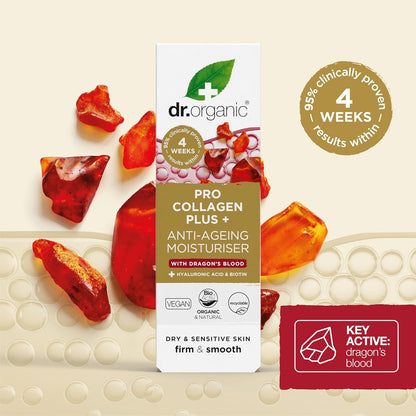 Dr. Organic Pro Collagen Plus + Anti-Ageing Moisturiser with Dragon’s Blood | Reduces Wrinkles, (Dry & Sensitive Skin) Natural, Certified Organic, Paraben & SLS-Free, 50 mL / 1.7 fl oz