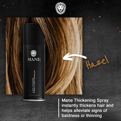Mane Hair Thickening Spray & Root Touch Up, Instantly Thicker Hair for Men & Women, Fill in Hairlines and Hide Thinning and Fine Patches - Hazel, 12 Colors (6.76 oz)
