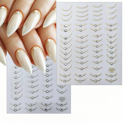 2 Sheets French Tips Nail Art Stickers - 5D Holographic French Simple Gold Silver Line Nail Stickers with Crystal Diamond Design Nail Decals for Women Manicure Decorations