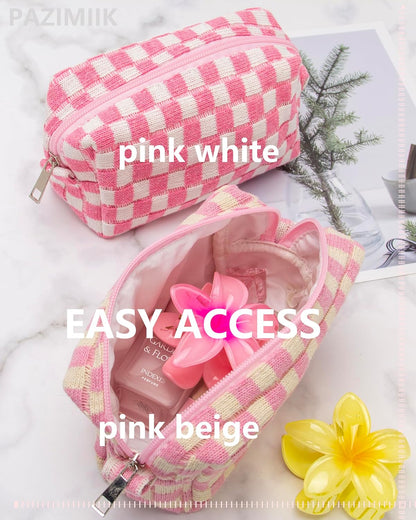 PAZIMIIK Checkered Makeup Bag for Purse Portable Zipper Make Up Pouch Small Cosmetic Case for Travel Accessories Pink Beige