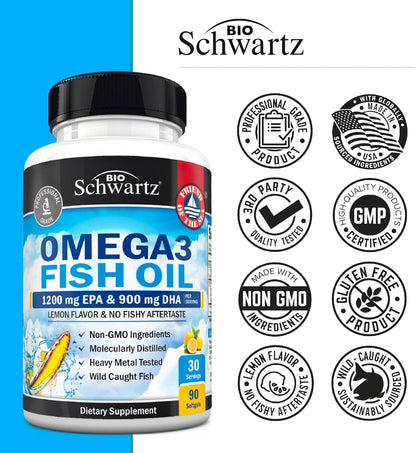 Triple Strength Omega 3 Fish Oil Supplement - 2250mg EPA DHA Omega 3 Fatty Acids from Fresh Wild Caught Fish, Burpless Lemon Flavor Formula Supports Eye Health and More, Gluten Free, 90 Softgels