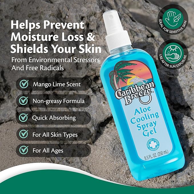 Caribbean Breeze Aloe Cooling Spray Gel, Mango Lime Aloe Vera Gel for Sunburn Relief Spray, Vitamin Enriched with Camellia & Tea Tree, 8.5 oz (250 ml)