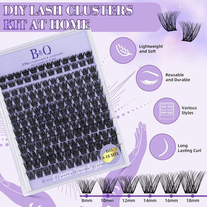 B&Q Lash Clusters 156PCS Lash Clusters Kit B05 DIY Lash Extension Kit Eyelash Extension Kit 8-18mm Lashes Clusters with Lash Bond & Seal Lash Applicator Tool for Self Use (Kit,B05)