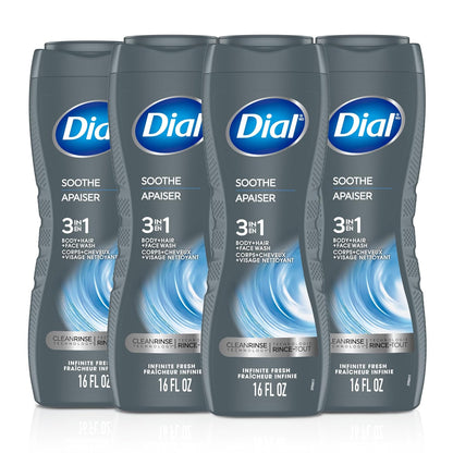 Dial Men 3 in 1 Body, Hair and Face Wash, Soothe, 16 Fl Oz, Pack of 4, Infinite Fresh Scent, Cleanses Deep + Gentle on Skin with Clean Rinse Technology