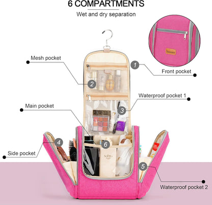 Extra Large Toiletry Bag for Women and Men, 6 Organizer Compartments, Holds Full Size Shampoo, with Hanging Hook Cosmetic Bag, Travel Makeup Bag, Bathroom Water-resistant Toiletries Bag, Rose Red