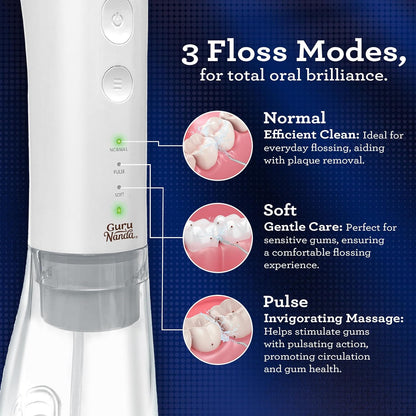 GuruNanda Advanced Dental Water Flosser 2.0 with Replacement Tips, Cordless & Portable, 300 ml Water Tank, 3 Modes, Rechargeable for Healthy Teeth and Gums