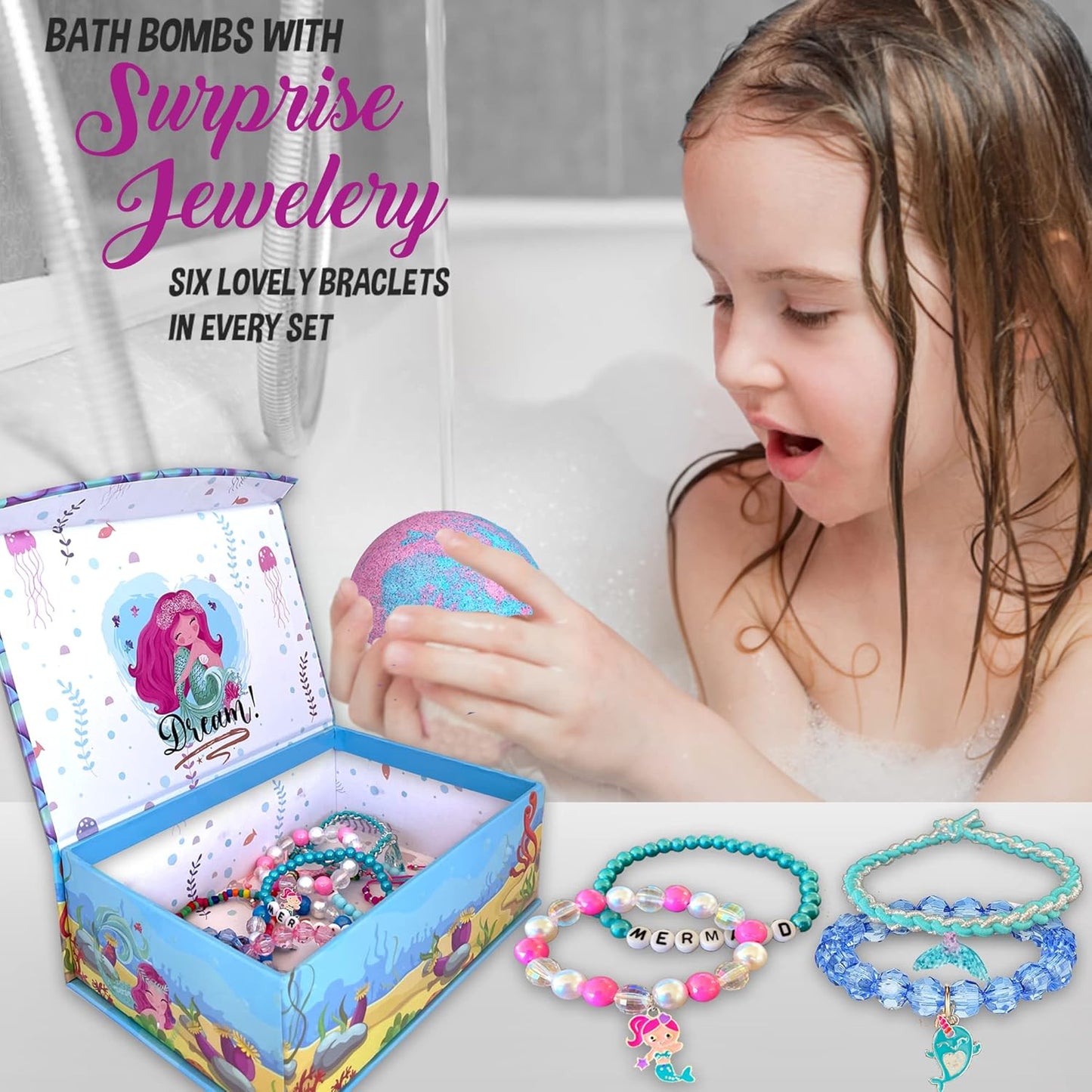 Bath Bombs for Kids with Surprise Inside, Mermaid Bath Bombs for Girls with Jewelry & Jewelry Box for Kids Organic, Skin Moisturizing, Natural Bubble, Birthday Gifts for Boys, Girls