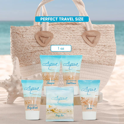 Aqua Organics Hotel Soaps and Toiletries Bulk Set | 1oz Hotel Shampoo & Conditioner, Body Wash, Body Lotion & 1oz Bar Soap Travel Size | Half Pallet 21 cases with 300 units each - 6,300 pieces