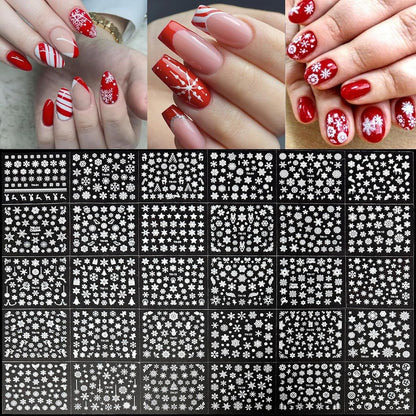 30 Sheets Christmas Nail Art Stickers 3D Self-Adhesive Snowflake Holiday Nail Stickers White Snowmen Santa Claus Elk Decals Decorations Supplies for Women (Snowflake)