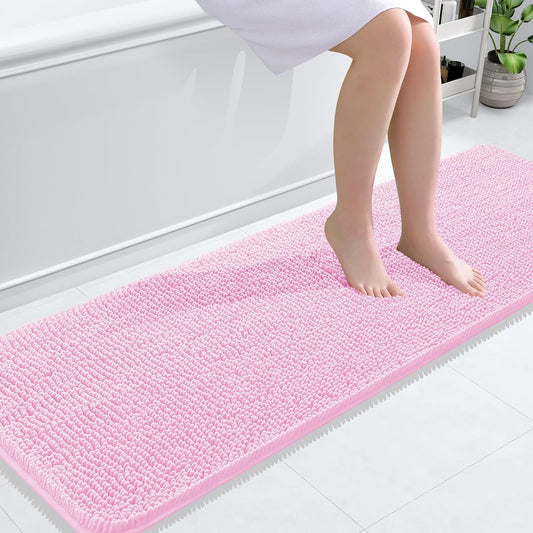 OLANLY Bathroom Rugs 59x20, Extra Soft Absorbent Chenille Bath Rugs, Rubber Backing Quick Dry, Machine Washable Bath Mats for Bathroom Floor, Tub and Shower, Home Decor Accessories, Pink