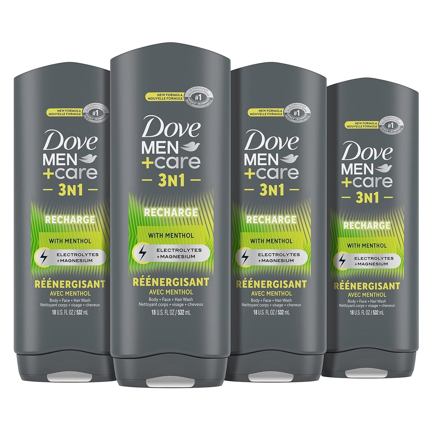 DOVE MEN + CARE Post-Workout Body Wash 3N1 Recharge 4 Count For Men With Menthol, 18 oz