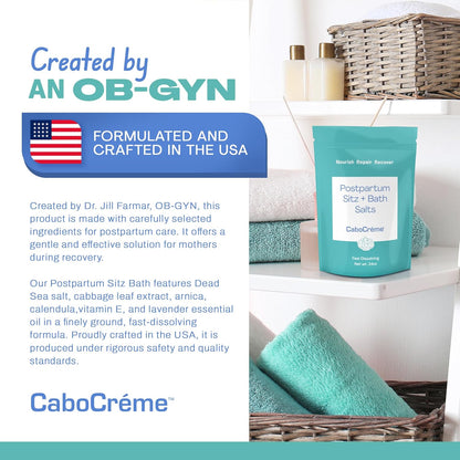 CaboCréme Postpartum Sitz + Bath Salts – 24oz – Postpartum Bath Soak for Perineal Care, Healing Tears, Swelling & Hemorrhoids – Dead Sea Salt with Magnesium, Arnica, Calendula + Cabbage Extract