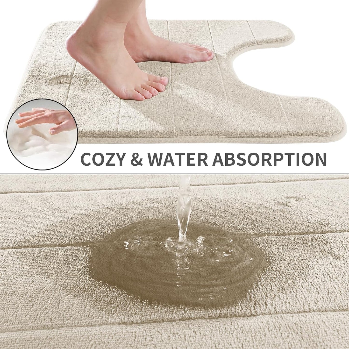 Yimobra Memory Foam Toilet Bath Mat U-Shaped, Soft and Comfortable, Super Water Absorption, Non-Slip, Thick, Machine Wash and Easier to Dry for Bathroom Commode Contour Rug, 24 X 24 Inches, Cream
