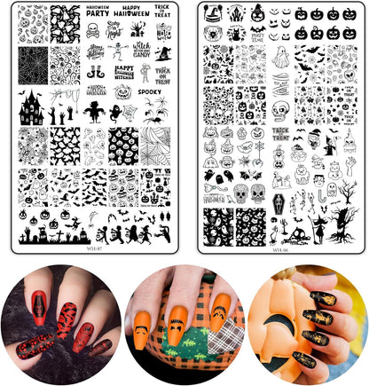 2Pcs Halloween Nail Art Stamping Plate Kit Skull Bat Witch Pumpkin Design Nail Art Plate for Holiday DIY Print Manicure Salon