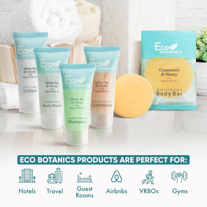 Eco Botanics Hotel Soaps & Toiletries Bulk Set | 0.85oz Hotel Shampoo & Conditioner, Body Wash, Body Lotion & Bar Soap Travel Size | Half Pallet, 36 cases with 300 units each - 10,800 pieces