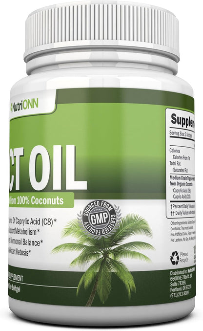 MCT Oil - 3000mg Per Serving - 180 Softgels - Made from 100% Organic Coconuts - Non GMO, Cold Pressed, Paleo Friendly Capsules - Great for Focus & Gut Health