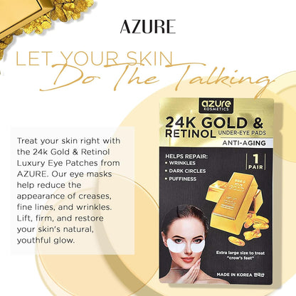 AZURE 24K Gold & Retinol Anti Aging Under Eye Patches - Firming, Restoring & Deeply Hydrating Eye Mask - Reduces Fine Lines, Wrinkles, Dark Circles & Puffiness - Skin Care Made in Korea - 5 Pairs