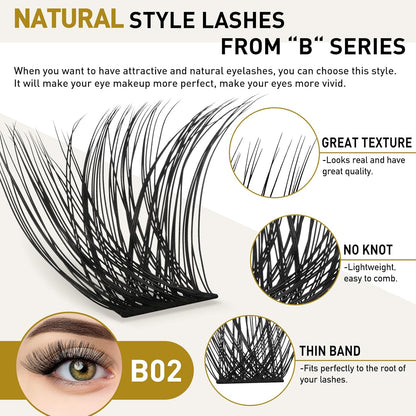 Lash Clusters B02 C Curl 16mm DIY Eyelash Extensions 72 Clusters Lashes C D Curl B&Qaugen Mega Volume Individual Lashes Eyelash Clusters Extensions Individual Lashes Cluster DIY at Home (NM-C-16mm)