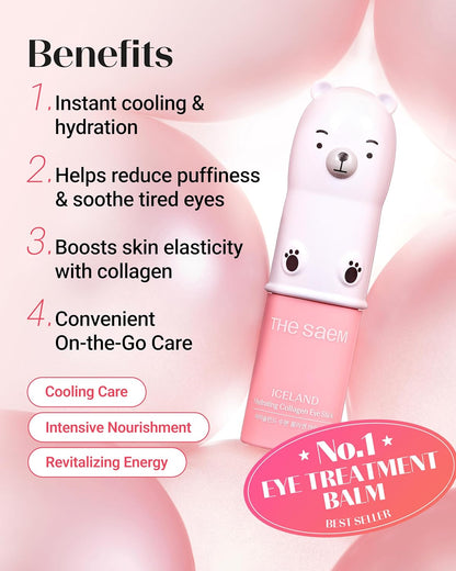 THESAEM Iceland Hydrating Collagen Eye Stick 0.38 oz - Anti-wrinkle Moisturizing Eye Balm for Saggy Skin – Under Eye Treatment - Balm to Smooth Skin Texture - Rose Scent