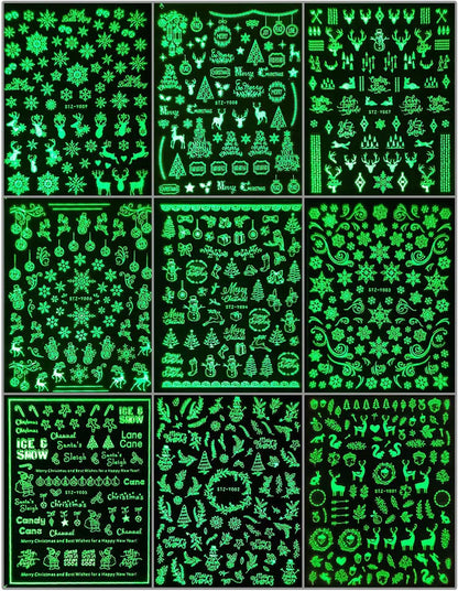 9 Sheets Christmas Glow in The Dark Nail Art Stickers Decals Self-Adhesive Pegatinas Uñas Navidad Winter Holiday Xmas Snowflake Nail Supplies Nail Art Design Decoration Accessories
