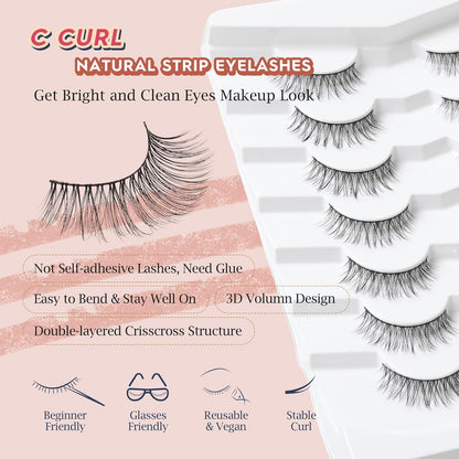 Lashes Wispy Eyelashes False Eyelashes 10MM Short Lash Thin Band Strip Lashes Natural Lashes 3D Volume Eyelashes Soft False Lashes 7 Pair Siligli