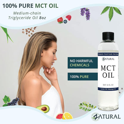Pure MCT Oil, Carrier Oil, Massage Oil, Hydrating Oil, Hair Oil, Food and Therapeutic Grade, 8 Oz