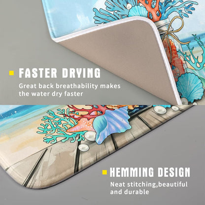 Coastal Coral Dish Drying Mat 16x18 inch Starfish Shell Fast Dry Microfiber Dish Rack Mats Drainer Pad for Countertop Kitchen Table Decor