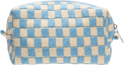 PAZIMIIK Checkered Makeup Bag for Purse Portable Zipper Make Up Pouch Small Cosmetic Case for Travel Accessories Blue Beige