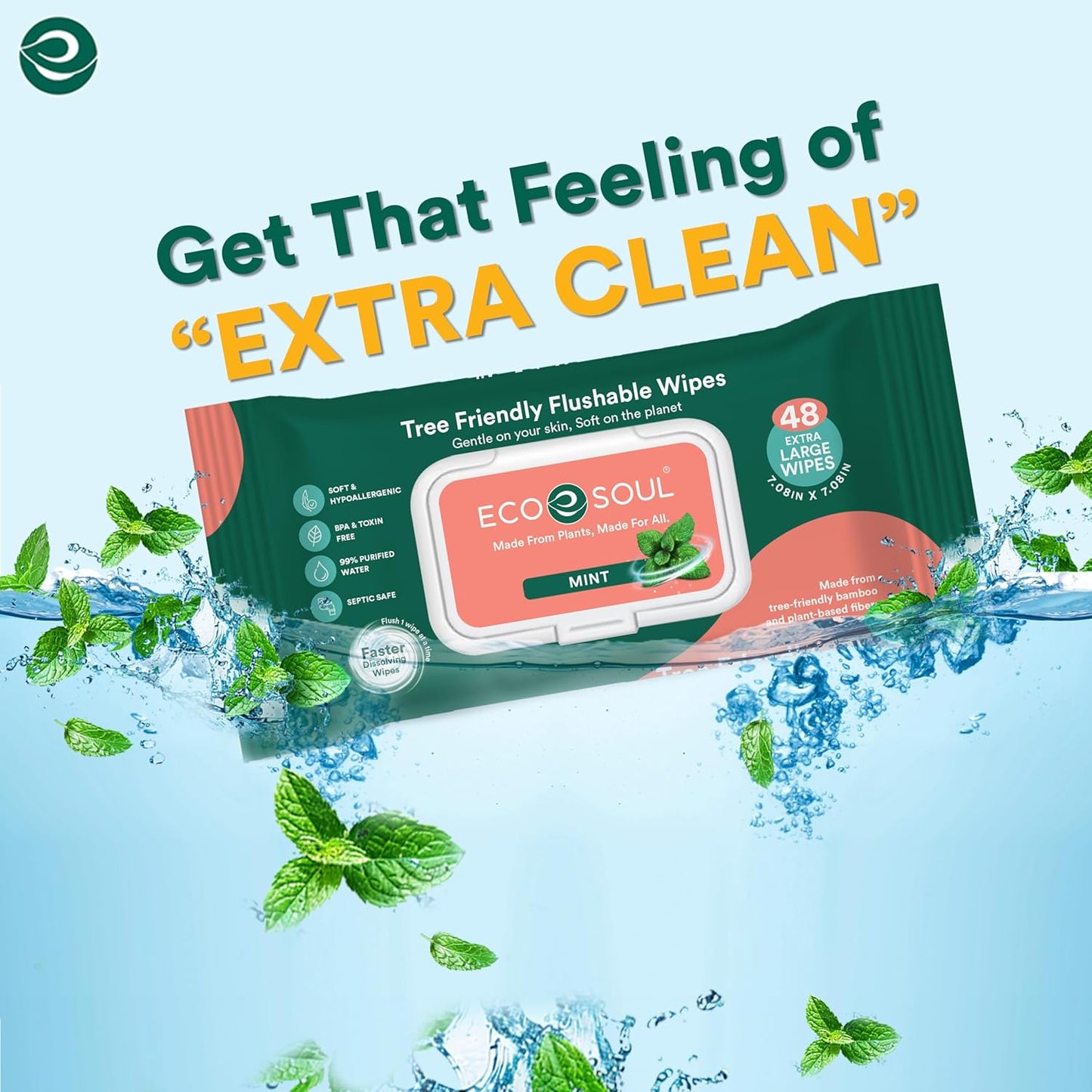 ECO SOUL Bamboo Flushable Wipes For Adult- Mint 192 Wipes |4 Pack of 48| Eco-Friendly Wipes| 99% Purified Water, Hypoallergenic, Soft Wipes, BPA & Paraben free