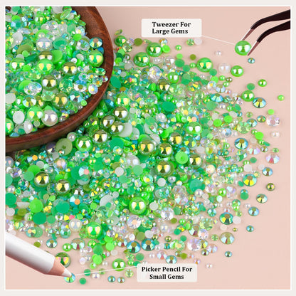 9000PCS Flatback Pearls and Rhinestones for Crafting, Green Mixed Size 3-10mm Resin Rhinestones and Half Pearls for Bedazzling, Nail Art and Decoration with Tweezer and Pickup Pencil