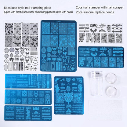 6pcs Lace Flower Design Nail Stamping Plate Kit With French Tip Nail Stamper Kit Ribbon Bow Knot Nail Stencil Reusable Stainless Steel Manicure Tool Nail Supplies for Salon DIY