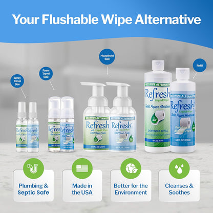 Refresh Liquid Wipe Free: Toilet Paper Foam. Eco-Friendly Wet Wipe Alternative For Sensitive Skin. Cleanses and Soothes with Witch Hazel and Aloe. Plumbing and Septic Safe. 250ml (8.45 Fl Oz)