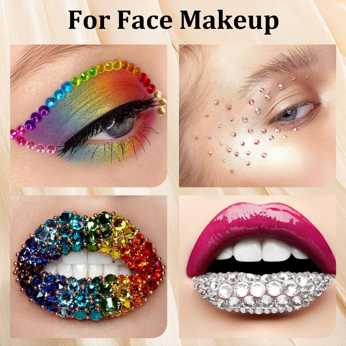 Colorful Face Gems for Makeup Set, Flatback Gorgeous AB&Clear Gems, Mixed-Colored Crystals with Tweezer+Picker Pencil+Makeup Glue+Dual-End Dotting Tool for Eye Hair Body Make-up and Nail Art Deco