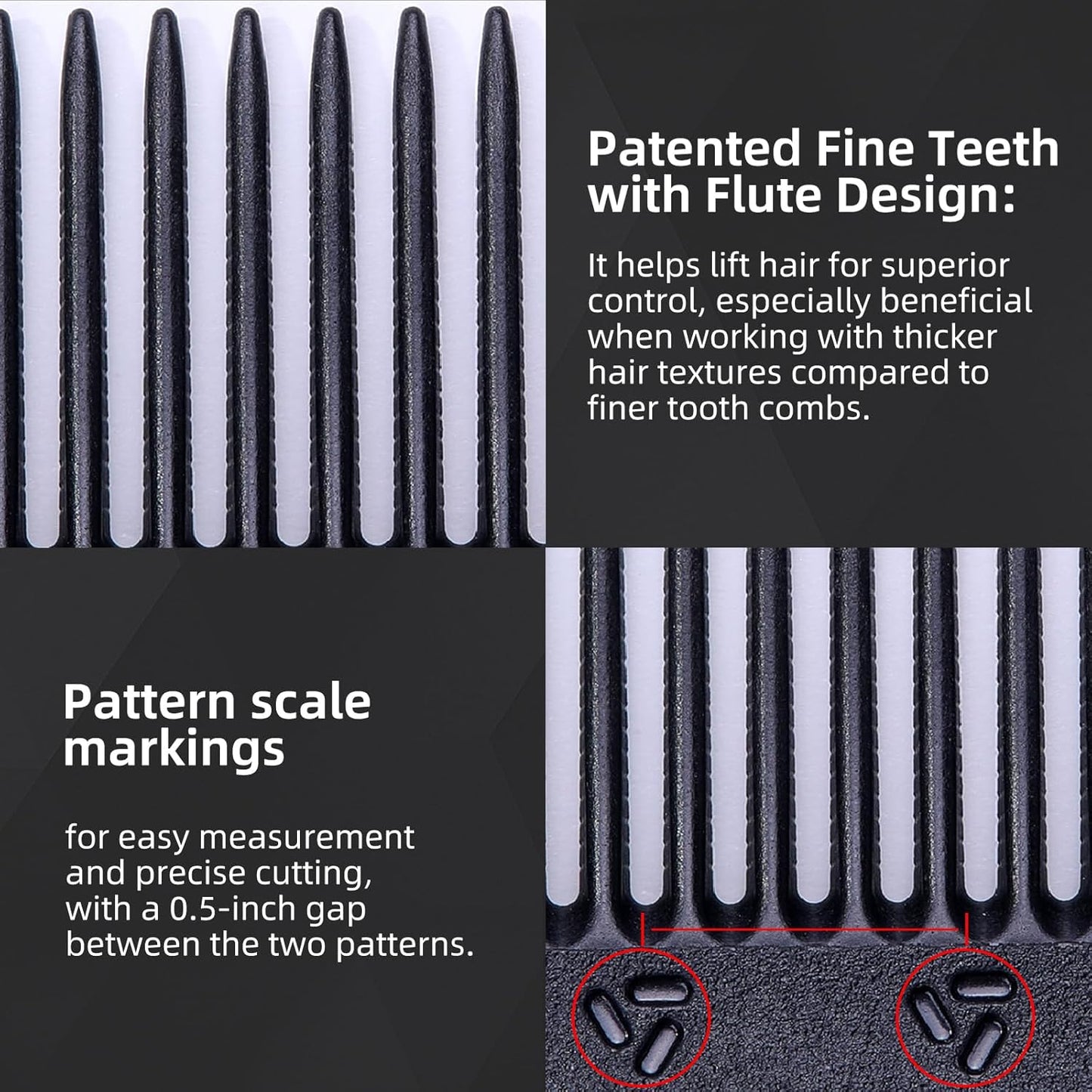 PERFEHAIR 2-Pack Professional Round Tooth Hair Cutting Comb - 9 Inch, Black Carbon Fiber Anti-Static & Heat Resistant, Durable Barber Combs with Fine & Wide Tooth for Precise Haircut for Men & Women