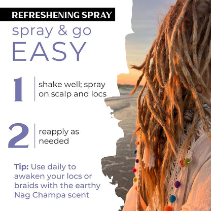 Dollylocks Refreshening Spray – Residue-Free Dreadlock Spray & Loc Moisturizer, Plant Based Deodorizer & Conditioner for Dreads, Vegan & pH-Balanced (Nag Champa Scent, 8oz)