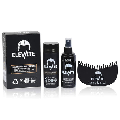 Elevate Hair Building Fibers 3-in-1 Kit for Thinning Hair (Dark Brown) Keratin Hair Thickening Powder with Fiber Lock Spray & Hairline Optimizer Comb - Instant Concealer Applicator for Men & Women
