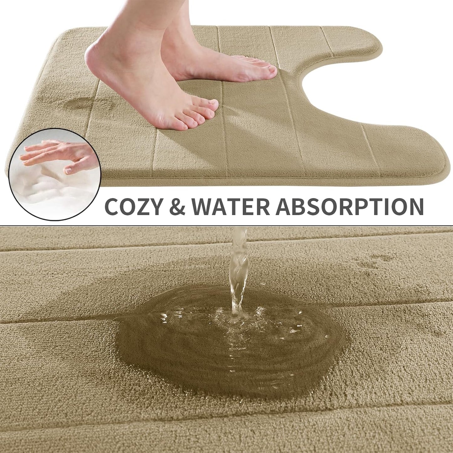Yimobra Memory Foam Toilet Bath Mat U-Shaped, Soft and Comfortable, Super Water Absorption, Non-Slip, Thick, Machine Wash and Easier to Dry for Bathroom Commode Contour Rug, 24 X 20, Pale Khaki