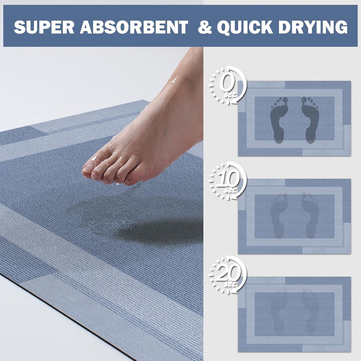 Non Slip Long Bathroom Runner Rug Bath Mat, Rubber Backing Ultra Thin Bathroom Rugs Fit Under Door Quick Dry Super Absorbent Washable Shower Mat for Bathtub Sink Floor, Blue 17"x59"