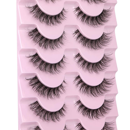 JIMIRE False Eyelashes with Clear Band 3D Fluffy Lashes Demi-wispies Natural Look Cat Eye Faux Mink Fluttery Eyelashes 15MM D Curl Eye Lashes Pack 7 Pairs