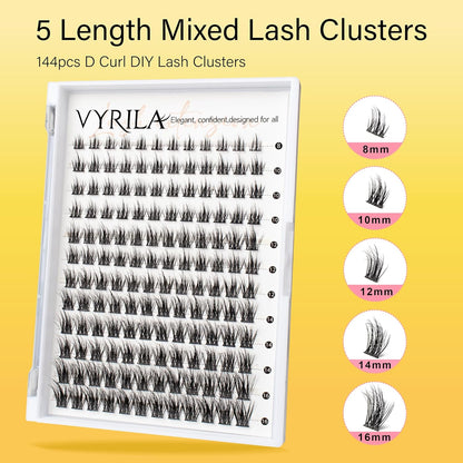 Lash Clusters 8-16mm, False Eyelashes 144pcs, Cluster Eyelash Extensions Matte Black Soft, Diy Lash Extensions D Curl Natural Lash Clusters Faux Mink Lashes Wispy（Blaze,144pcs,0.07,D,8-16MIX)