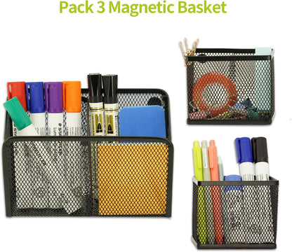 Neudeco Locker Shelf Organizer, Magnetic Pencil Holder, Metal Storage Basket for Whiteboard, Refrigerator, Ideal Cabinet for School, Black (Pack 3L)