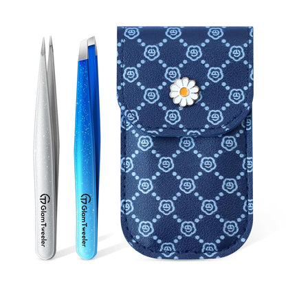 Expert Slant and Point Tip Tweezer Set with Exclusive Storage & Carrying Case, GlamTweeler Sharp & Precision Tweezer Set for Eyebrows, Facial Hairs & Fine Hairs Removal (Sparkle Royal Blue + Silver)