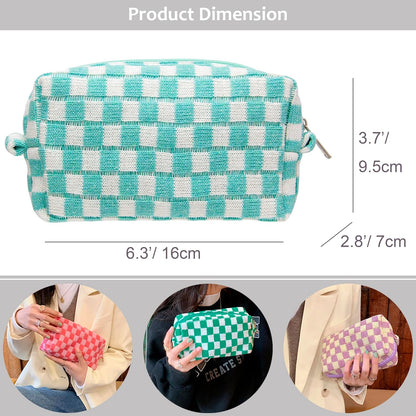 PAZIMIIK Checkered Makeup Bag for Purse Portable Zipper Make Up Pouch Small Cosmetic Case for Travel Accessories Arctic Blue