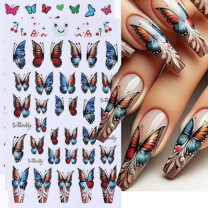 8 Sheets Butterfly Nail Stickers 3D Self-Adhesive Colorful Butterflies Decals Spring Summer Blue Butterfly Flower Designs Supplies for Women Girls DIY Manicure Decorations