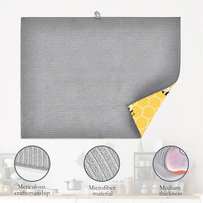 Yellow Bees Dish Drying Rack Mats Decor,Honey Honeycombs Dish Pad Drying Mat Kitchen Counter 18x24 Inch Absorbent Reversible Microfiber for Coffee Bar Sink Countertop
