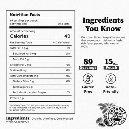Coconut Essentials - Organic Coconut Oil for Coffee, Cold-Pressed, MCT Oil for Weight Loss, Brain & Digestive Health, Keto-Friendly, Natural Slim, 1 Pouch, 15 fl oz
