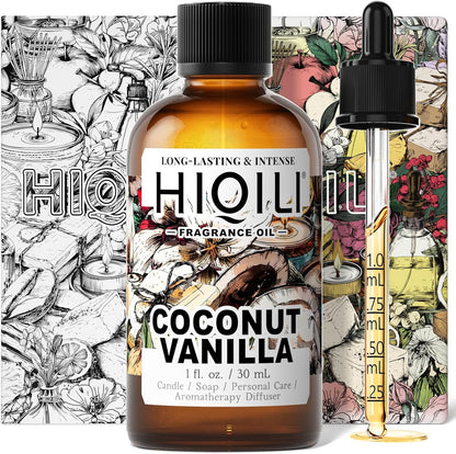 HIQILI Coconut Vanilla Fragrance Oil - for Candle Making, Soap Making, Essential Oil for Diffuser, Humidifier, Home& Hotel & Car Use - 1 Fl Oz