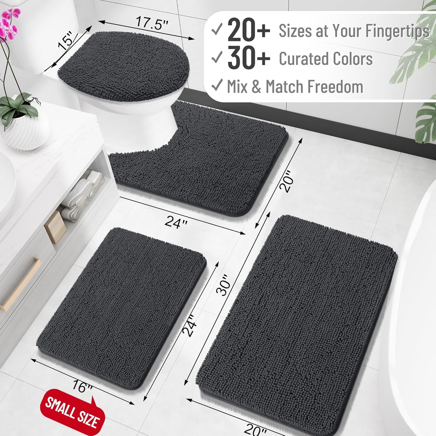 OLANLY Bathroom Rugs 24x16, Extra Soft Absorbent Chenille Bath Rugs, Rubber Backing Quick Dry, Machine Washable Bath Mats for Bathroom Floor, Tub and Shower, Home Decor Accessories, Dark Grey